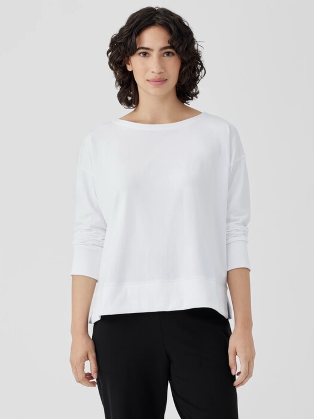 Eileen Fisher XL Pima Cotton Stretch Jersey Bateau Neck Top white 3/4 sleeve